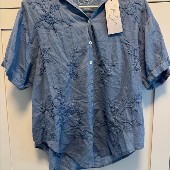 NWT Kyla Seo Kady Shirt Blouse  Embroidered Women’s Size Small Short Sleeve Blue - Picture 1 of 10